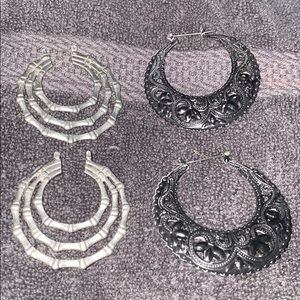 2 Pairs Earrings Silver Bones and Black Floral